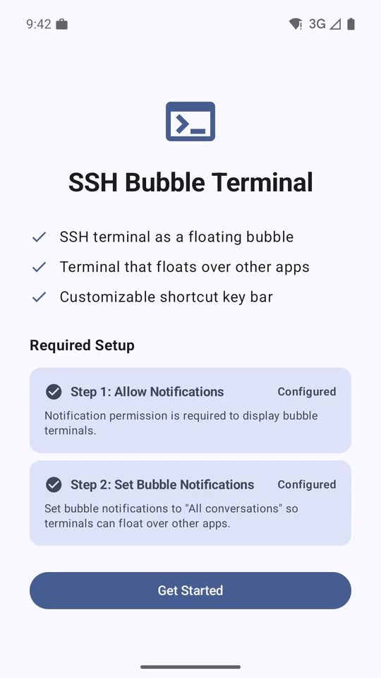 Bubble SSH onboarding showing notification and bubble setup
