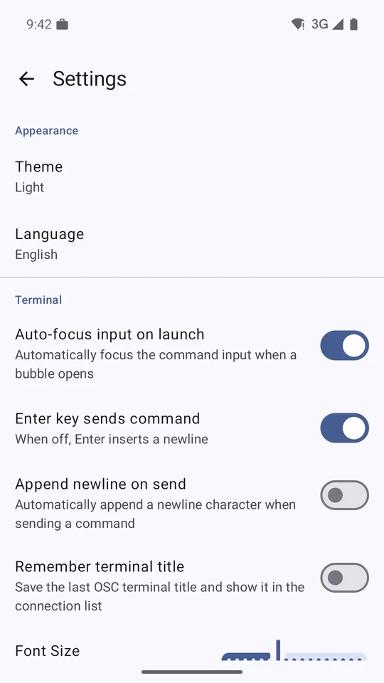 Bubble SSH terminal settings and controls