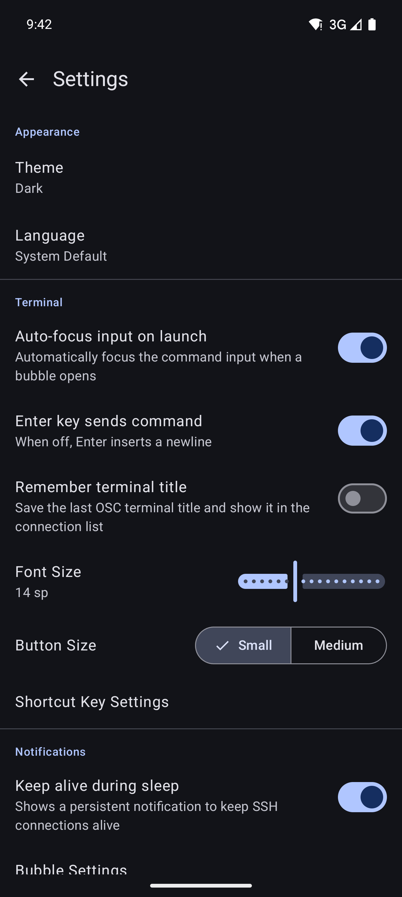 Bubble SSH settings screen
